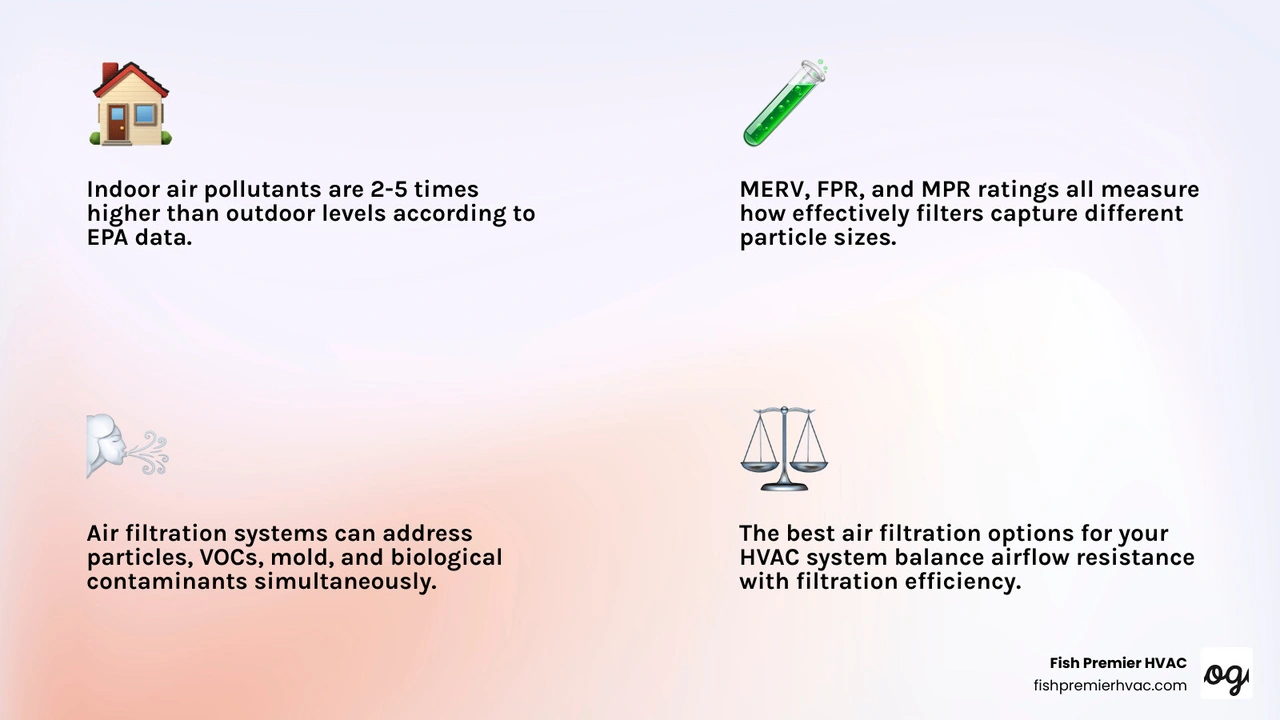 Infographic comparing indoor vs outdoor air pollutants and HVAC filtration options by type and effectiveness infographic