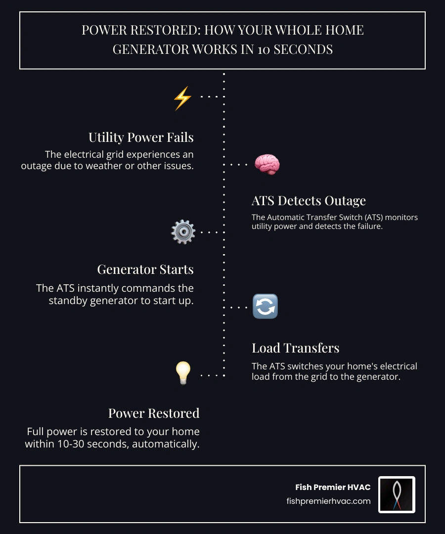 Infographic showing how a whole-home generator activates in 10 seconds during a power outage with key investment benefits