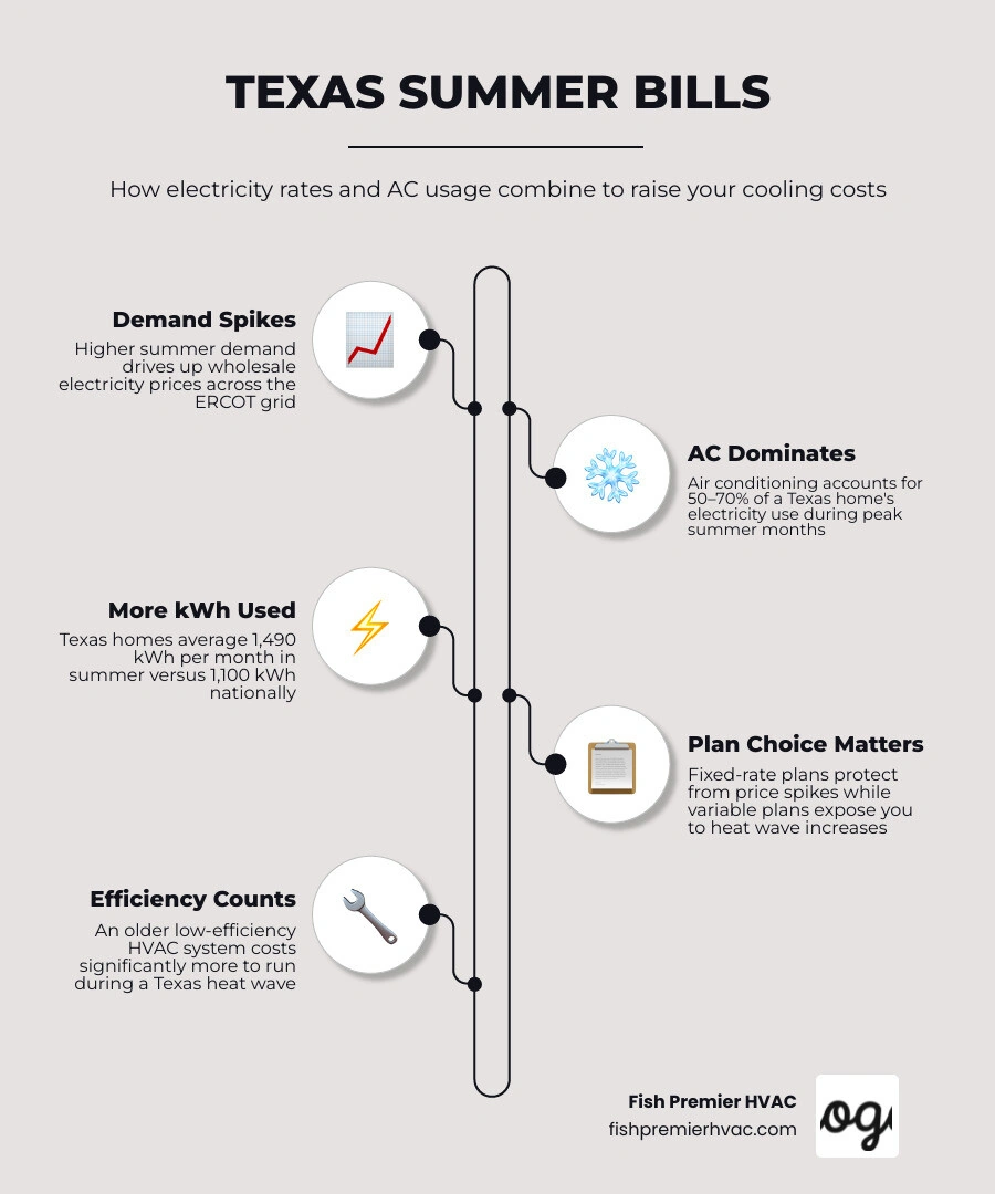 Infographic showing how summer heat waves drive up Texas electricity bills through increased AC usage and higher kWh demand Infographic showing how summer heat waves drive up Texas electricity bills through increased AC usage and higher kWh demand