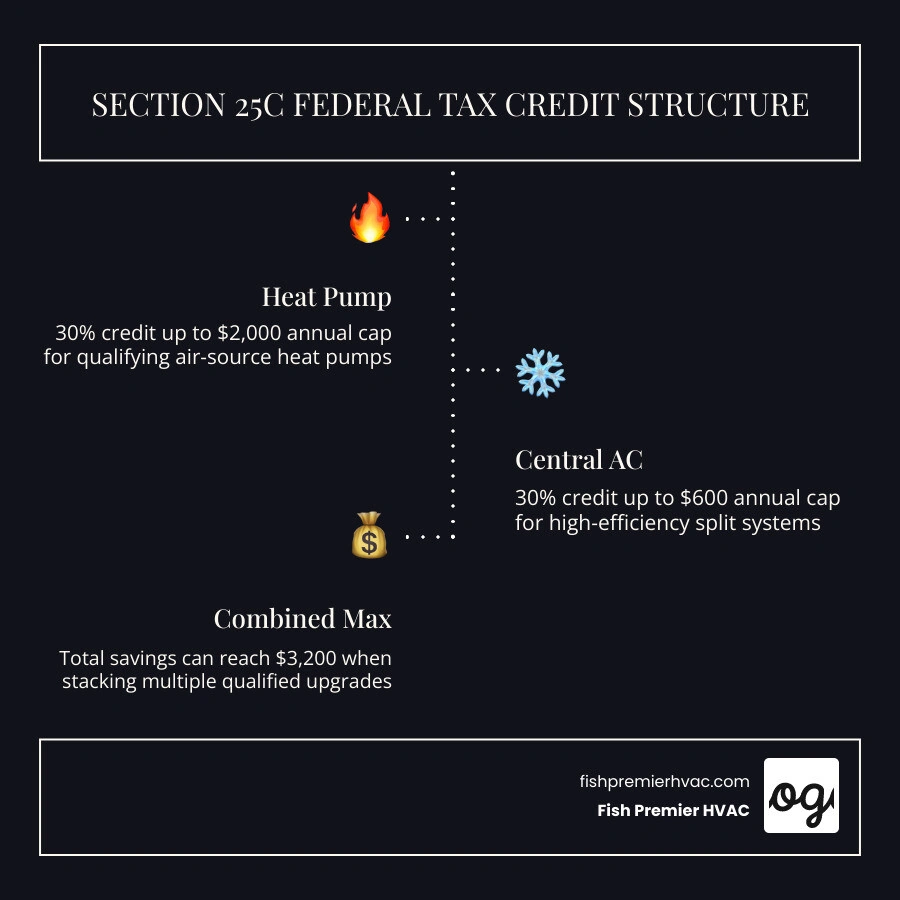 Infographic showing Section 25C federal tax credit structure with annual caps for heat pumps, central AC, and other home