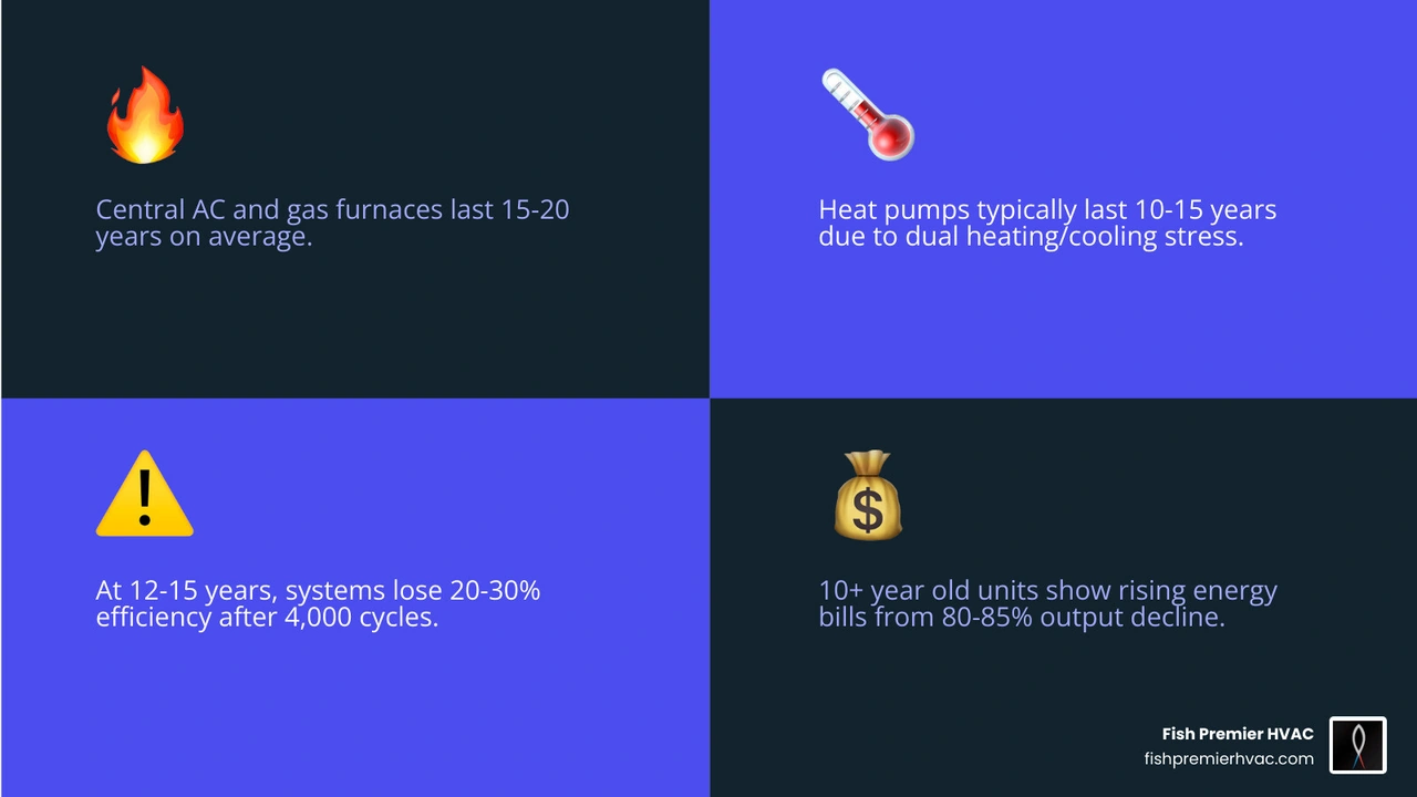 Infographic showing HVAC system types, average lifespans, and key age thresholds for replacement decisions infographic Infographic showing HVAC system types, average lifespans, and key age thresholds for replacement decisions infographic