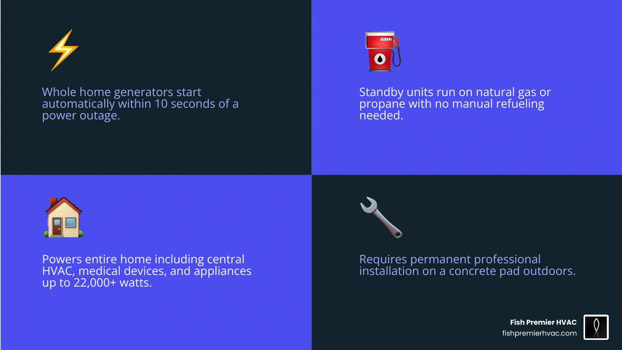 infographic comparing standby vs portable generator features: startup, fuel, power output, safety, and installation infographic comparing standby vs portable generator features: startup, fuel, power output, safety, and installation