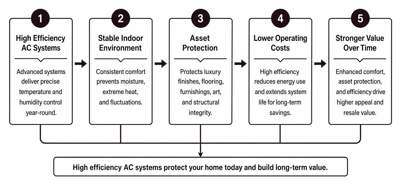 A step-by-step diagram showing how high efficiency AC systems protect luxury home assets and build long-term value A step-by-step diagram showing how high efficiency AC systems protect luxury home assets and build long-term value