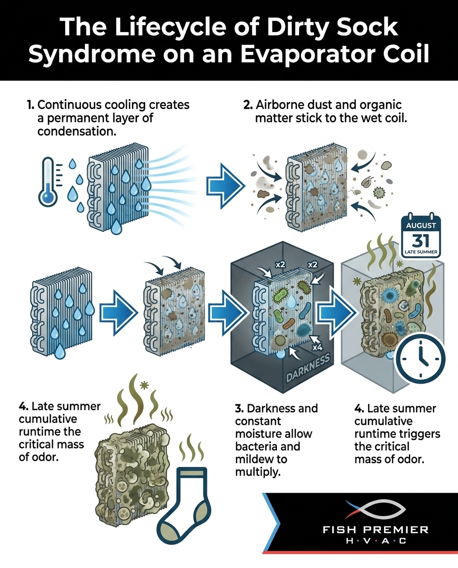 The Lifecycle of Dirty Sock Syndrome on an Evaporator Coil