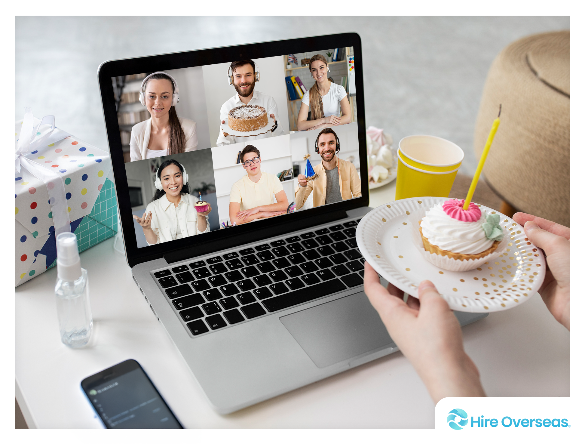 Snapshots of remote team-building moments like virtual lunches and online celebrations.