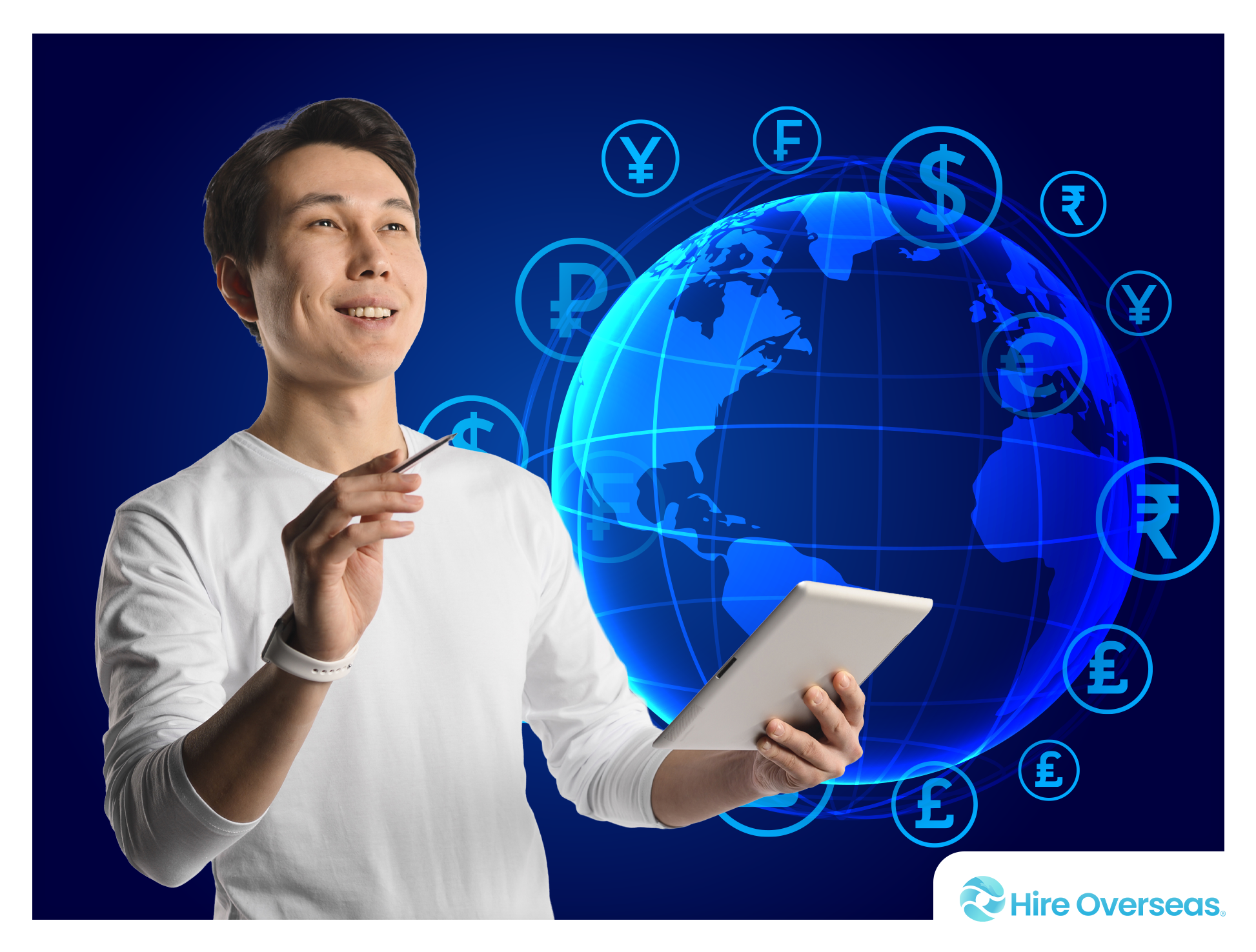 Illustration showing Hire Overseas platform integrating hiring and payroll with diverse global employees being paid in multiple currencies.