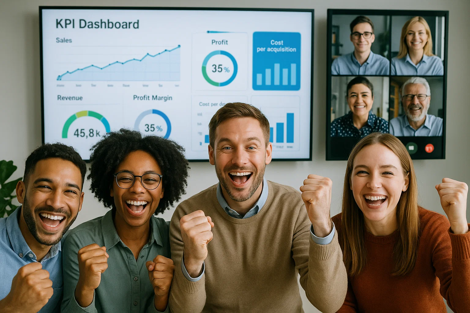 Remote team celebrating success via video call with KPI dashboard in the background