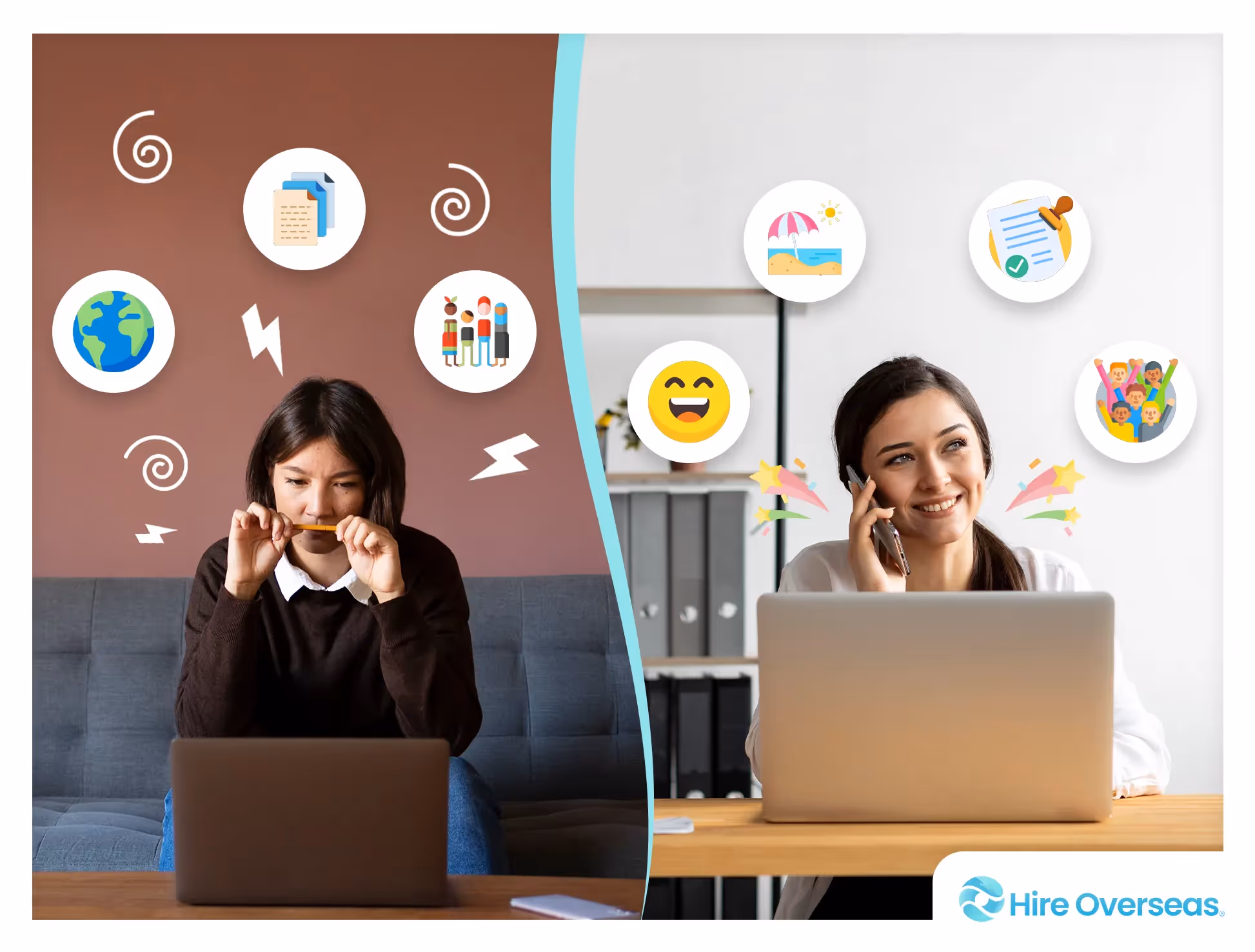 Split graphic showing common remote hiring challenges and solutions offered by Hire Overseas.