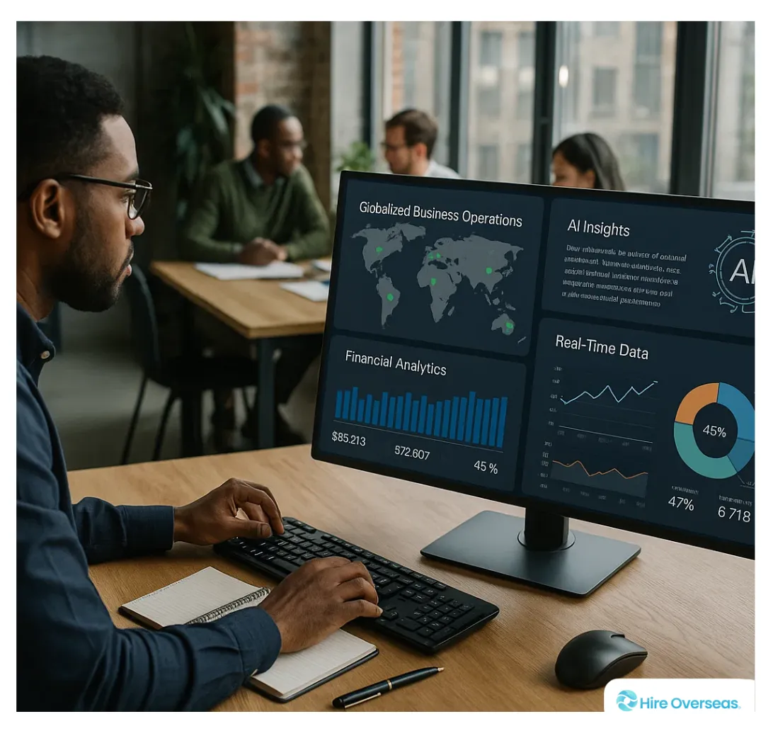 Futuristic bookkeeping concept with AI dashboards, real-time analytics, and global team collaboration