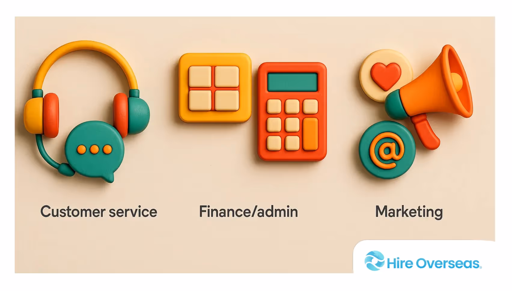 Three icon clusters representing customer service, finance and administration, and marketing outsourcing services.