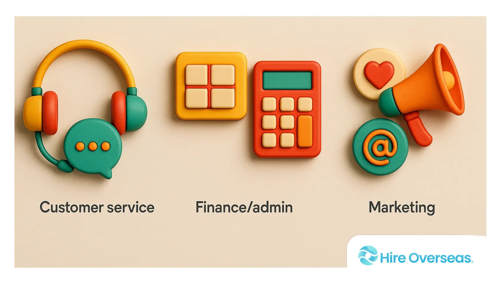 Three icon clusters representing customer service, finance and administration, and marketing outsourcing services.