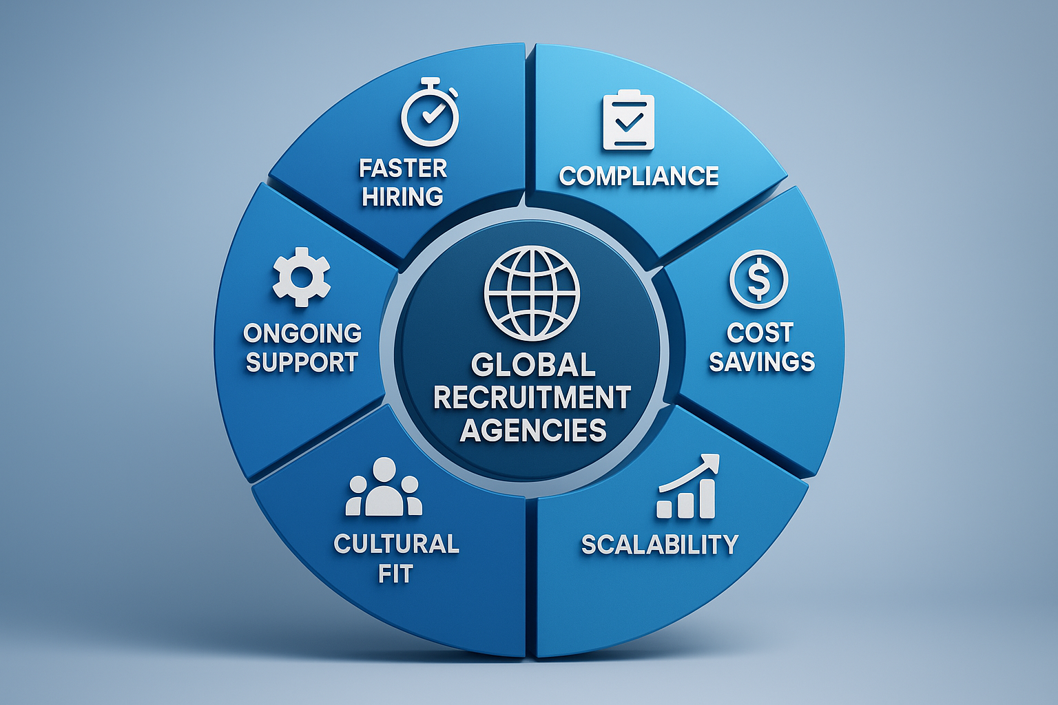 Circular infographic of six benefits employers gain from partnering with global recruitment agencies.