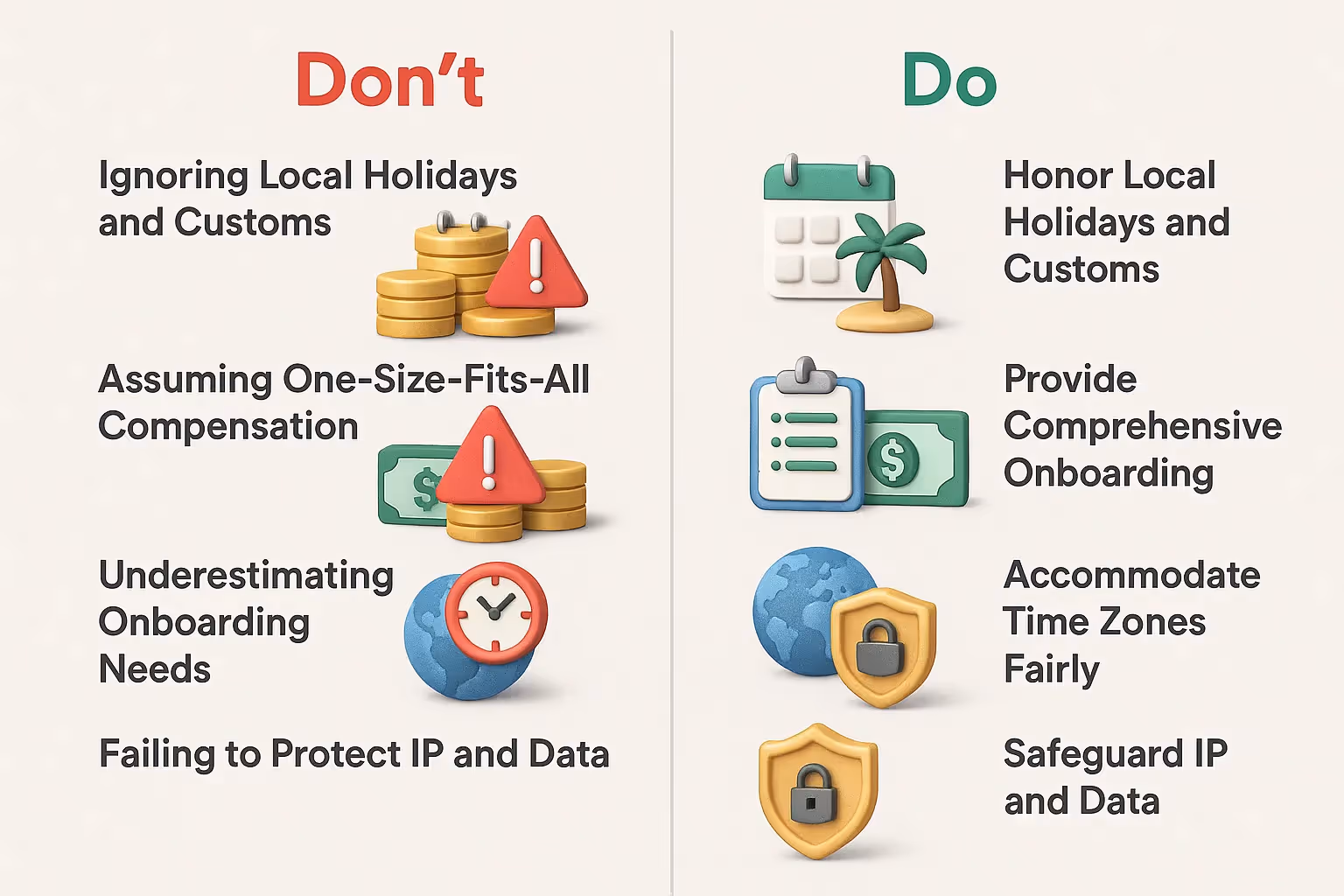 Do and Don’t infographic showing common global hiring mistakes and solutions by Hire Overseas.