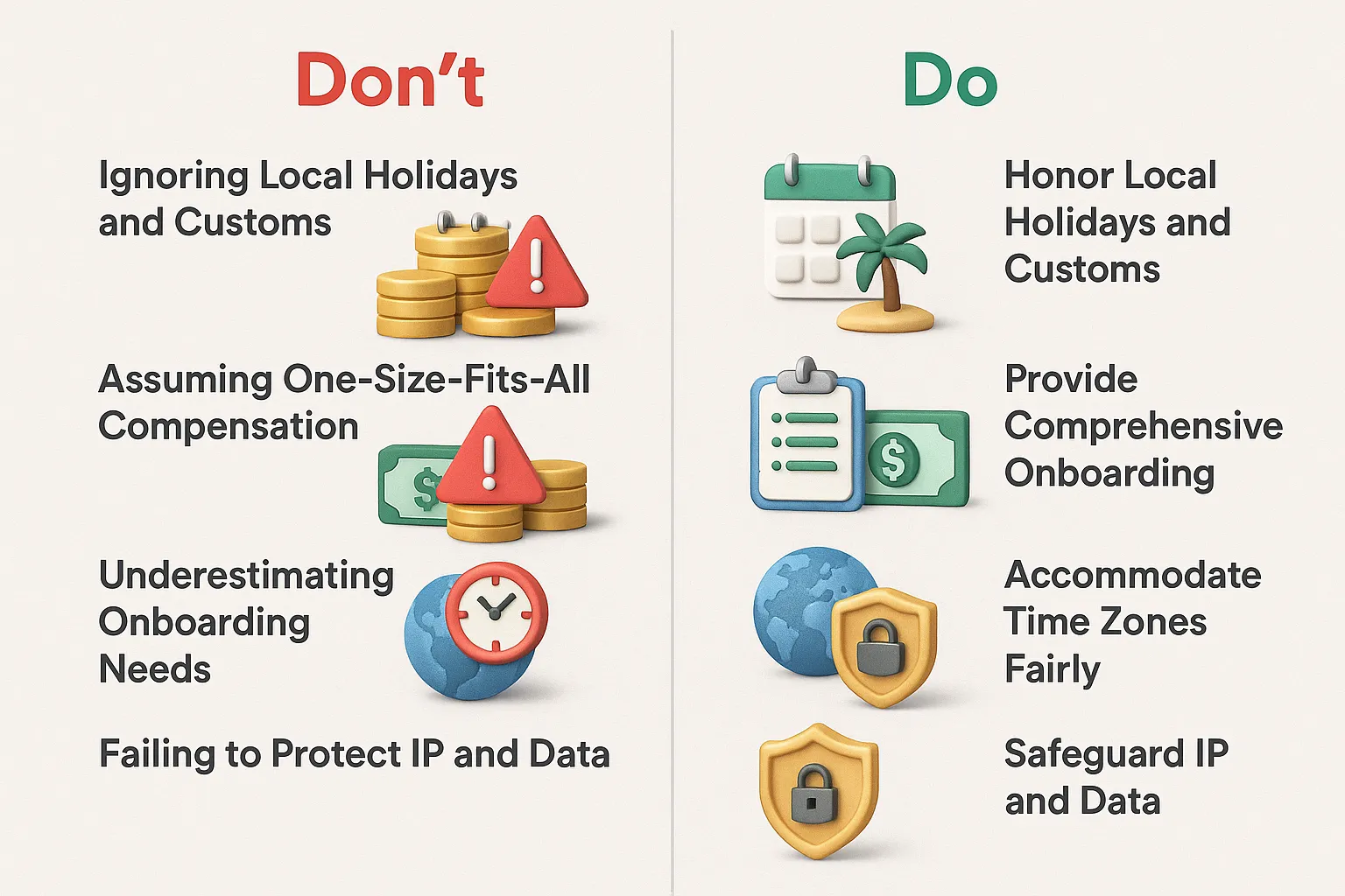 Do and Don’t infographic showing common global hiring mistakes and solutions by Hire Overseas.