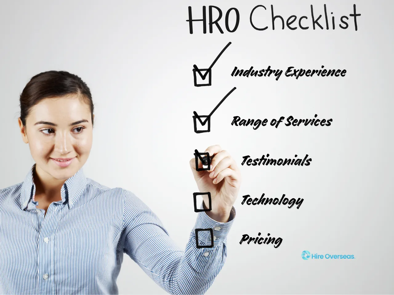 Checklist graphic showing criteria for choosing the right HR outsourcing provider: industry experience, services, testimonials, technology, pricing.