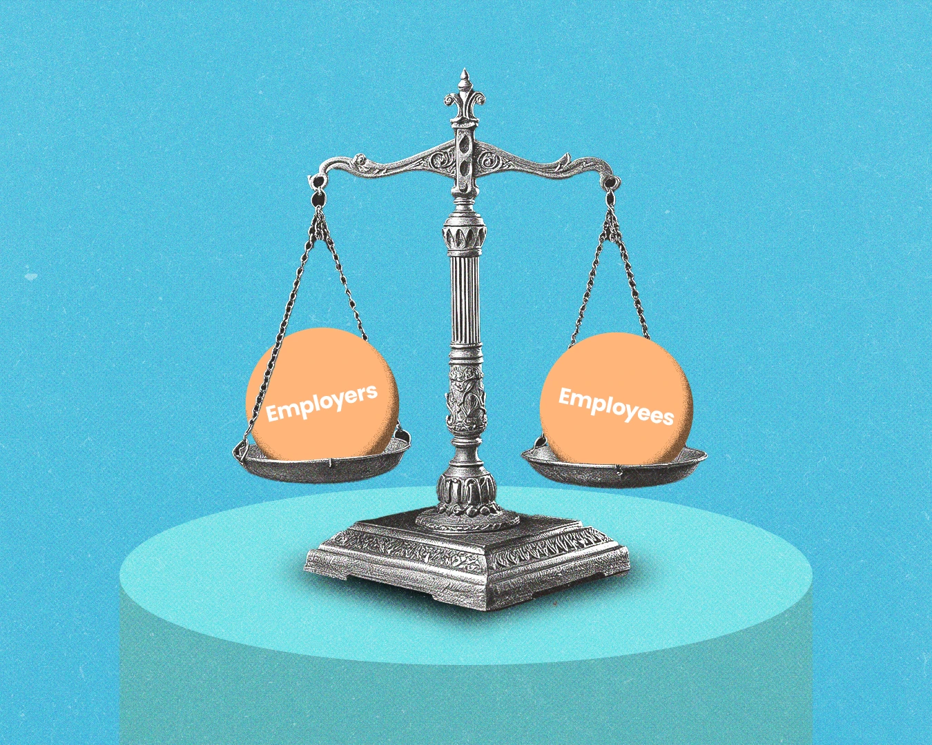 Balanced scales representing employers and employees sharing responsibility for global compliance.