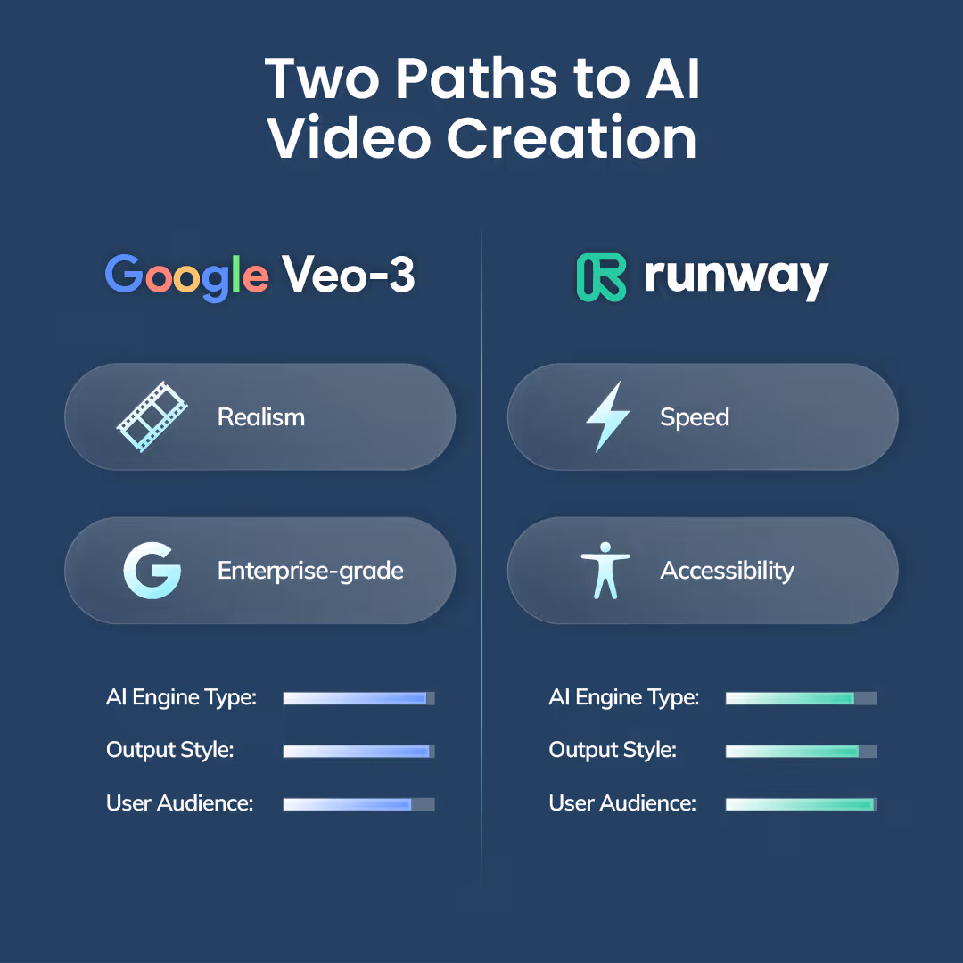 nfographic showing side-by-side comparison of Google VEO-3’s cinematic focus and Runway ML’s creator-friendly accessibility.