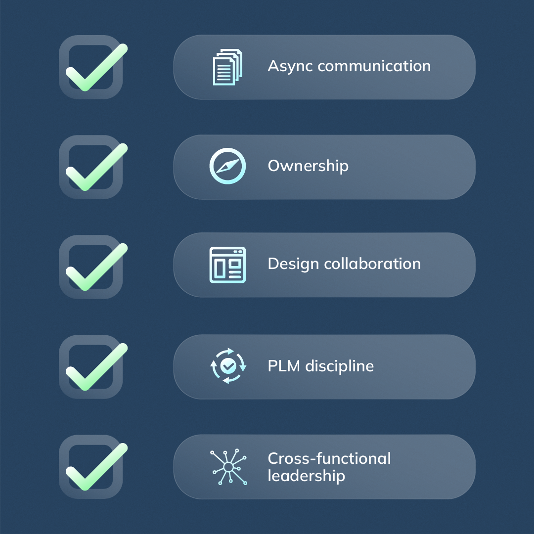 Checklist-style infographic showing five qualities that define strong remote product managers.