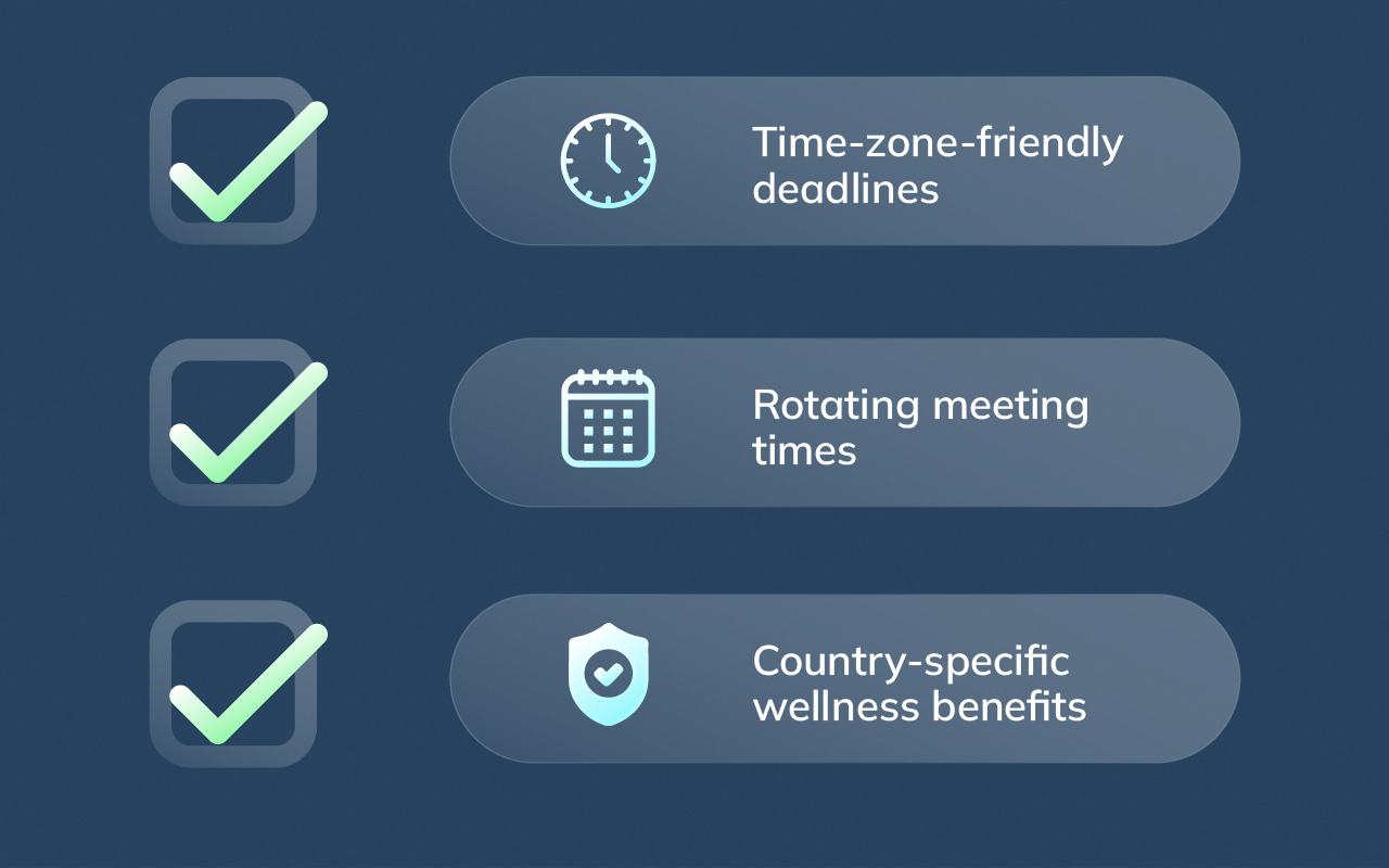 Checklist-style graphic showing time-zone-aware well-being policies for distributed teams