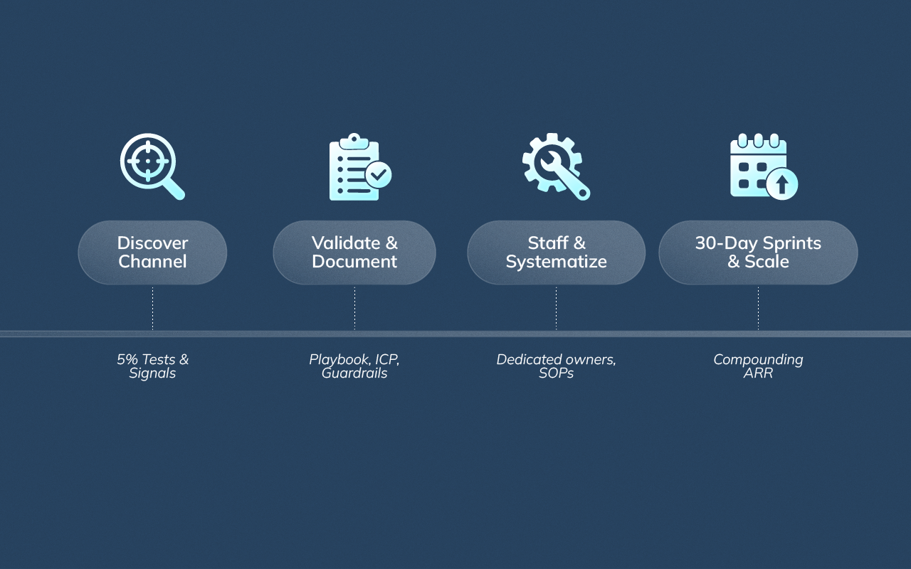 Four-stage timeline showing how startups move from discovering a channel to validating, systematizing, staffing, and running 30-day sprints to scale growth.