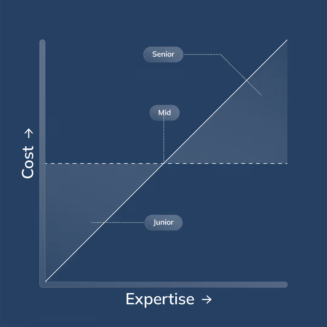 Ladder-style infographic comparing junior, mid-level, and senior developer capabilities with a rising cost curve.
