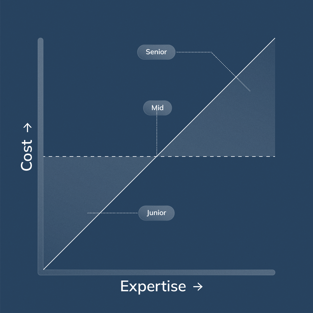 Ladder-style infographic comparing junior, mid-level, and senior developer capabilities with a rising cost curve.