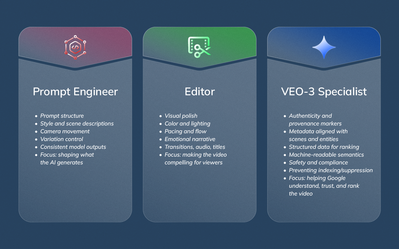 Comparison graphic showing the distinct roles of a Prompt Engineer, Editor, and Google VEO-3 Specialist, highlighting that the Specialist governs metadata, compliance, and indexing.