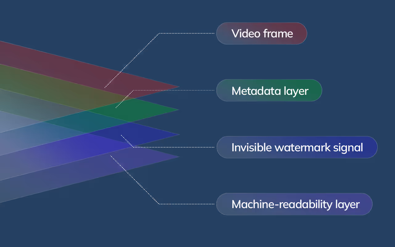 Diagram showing layers of a video frame, metadata, and embedded machine-readable watermark.