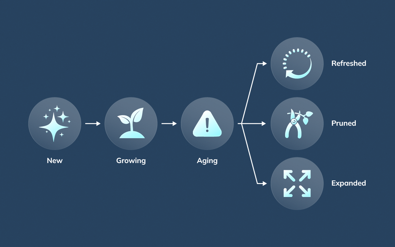 Diagram illustrating content pages managed as assets through refresh, expansion, and pruning cycles