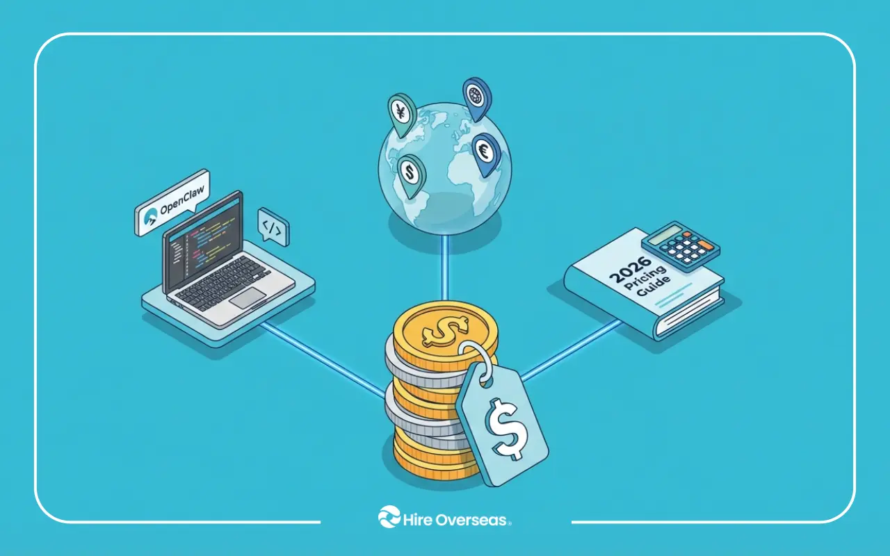 Cost to hire an OpenClaw developer with global pricing, tools, and 2026 industry cost guide illustration.