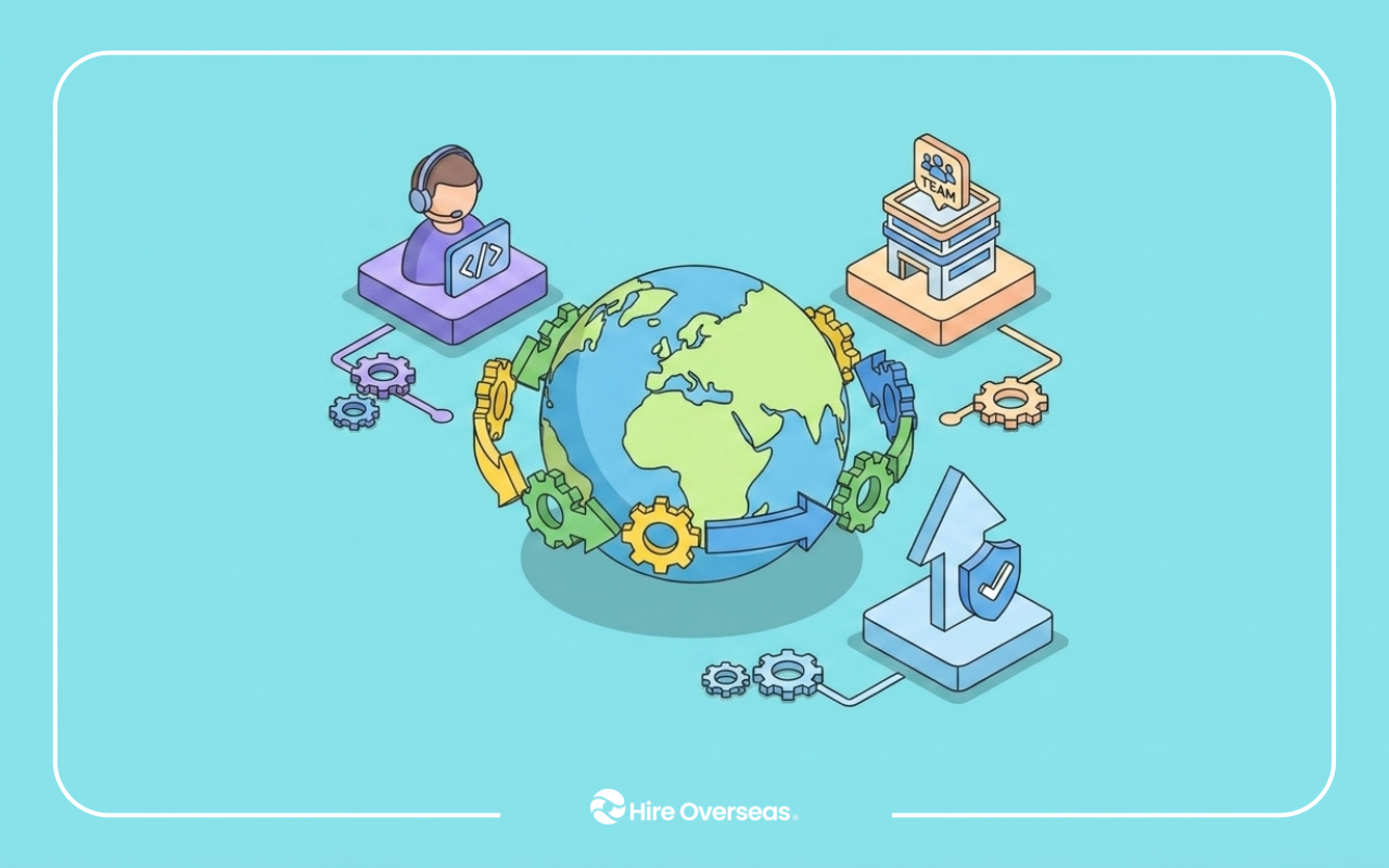 Illustration of offshore development and remote engineering collaboration featuring a globe connected by gears, arrows, and icons representing developers, team integration, workflow automation, and secure scalable operations for global software development teams.