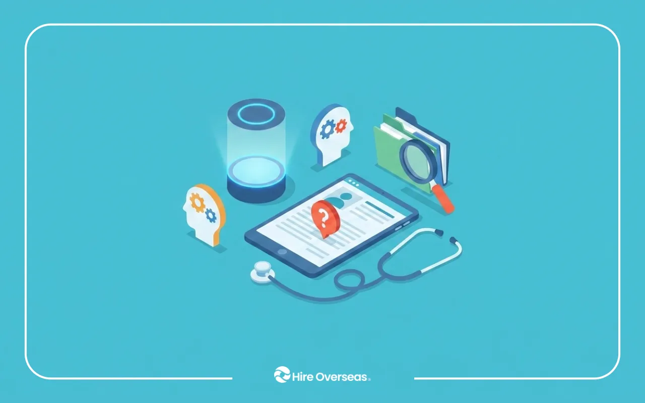 Medical documentation workflow illustration showing AI-assisted healthcare records, digital patient charting, clinical documentation review, and medical scribe support with tablet, stethoscope, and healthcare data management icons.
