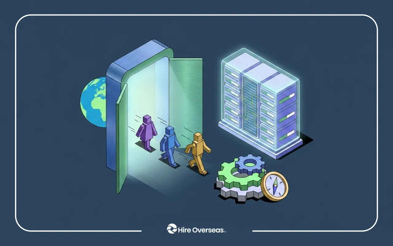 Illustration showing three people entering a large open doorway or portal, with a globe partially visible behind it. To the right are a server rack, interlocking gears, and a compass, representing global access, technology infrastructure, and operational guidance. The Hire Overseas logo appears at the bottom center on a dark blue background.