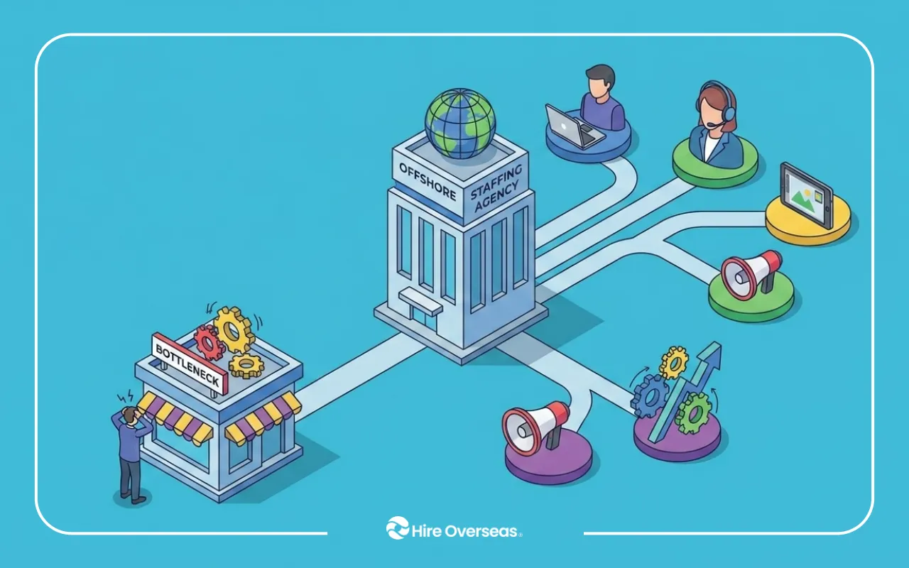 Illustration of a bottlenecked business connected to an offshore staffing agency that provides remote talent, customer support, marketing, and operational support to help drive growth.