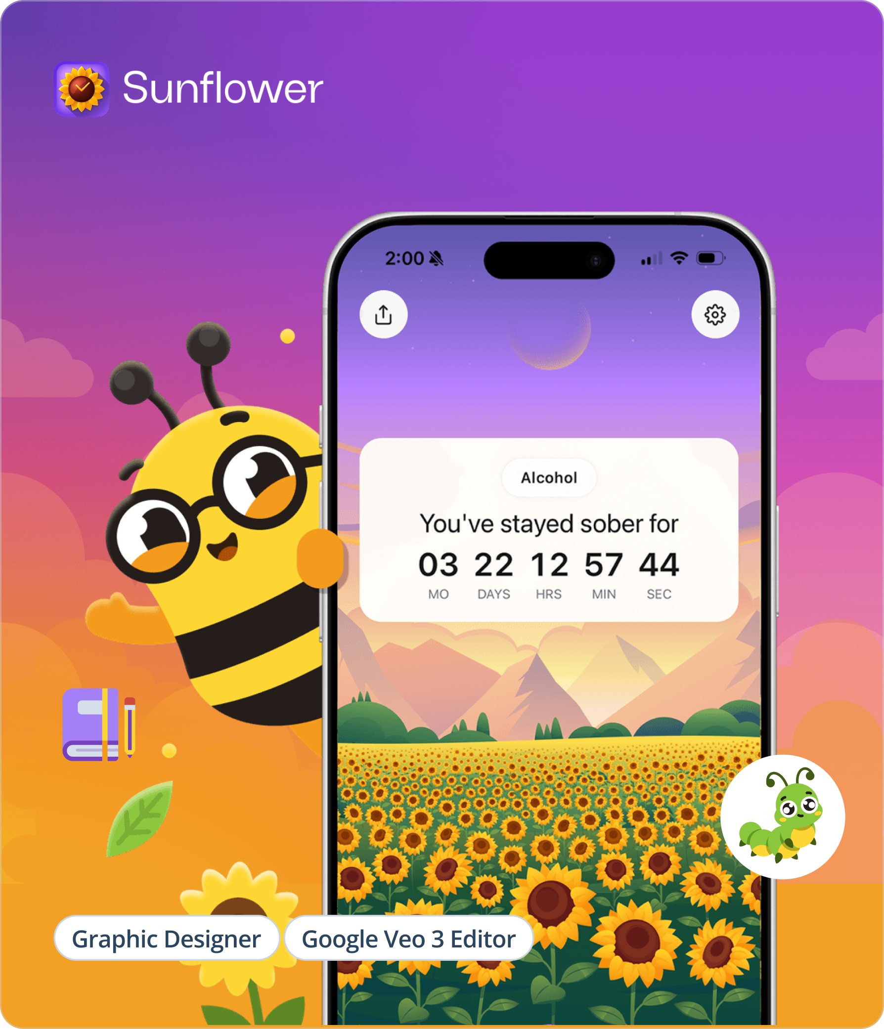 Sunflower Sober app sobriety timer on phone with bee mascot and sunflower field