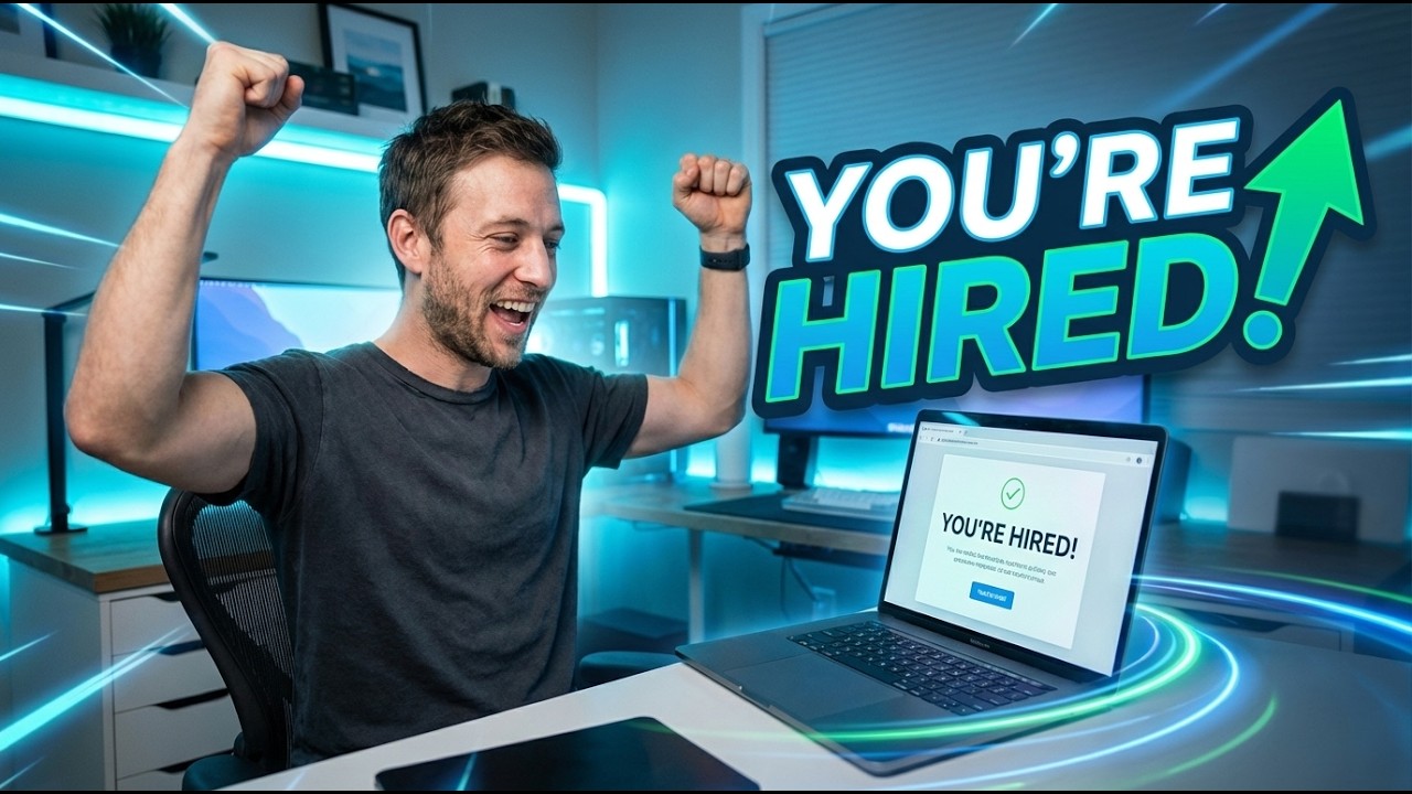 Excited man cheering at laptop showing You are Hired message