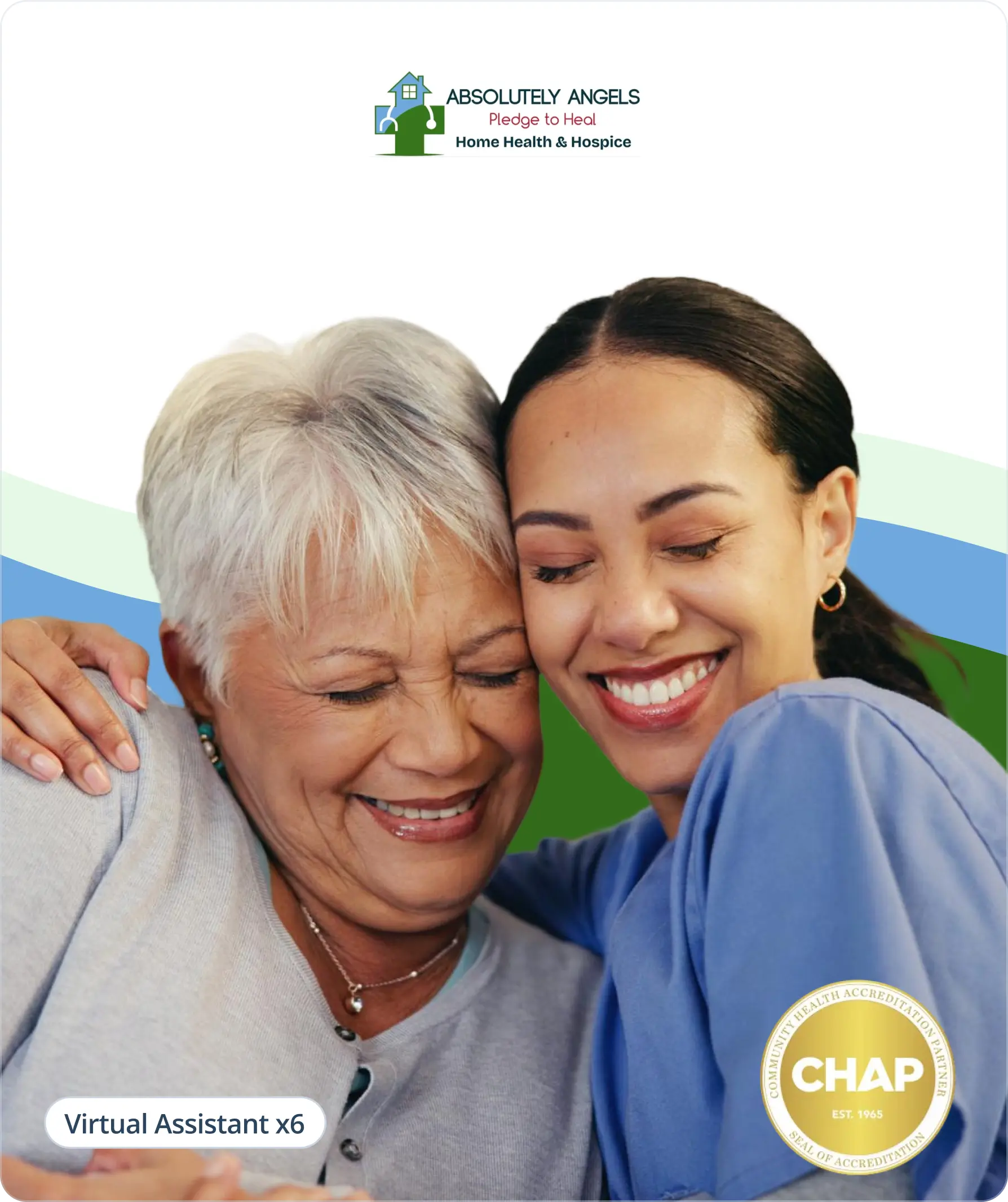 Smiling caregiver embracing elderly woman, Absolutely Angels Home Health and Hospice logo