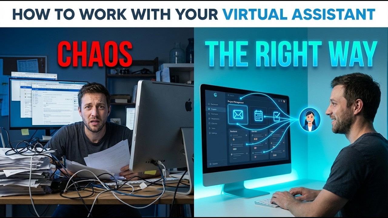 Split thumbnail contrasting chaotic cluttered desk versus organized virtual assistant workflow