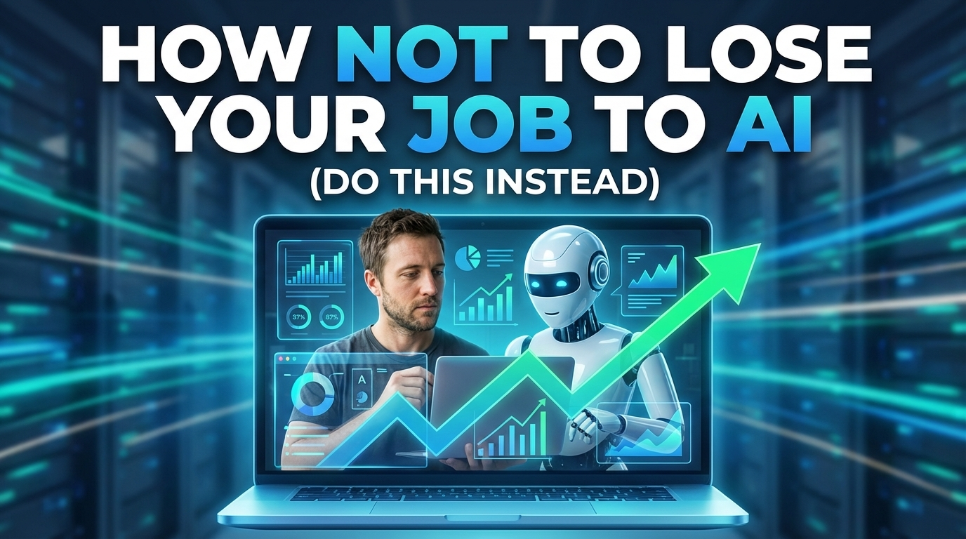 Man and humanoid AI robot working together at laptop with rising charts
