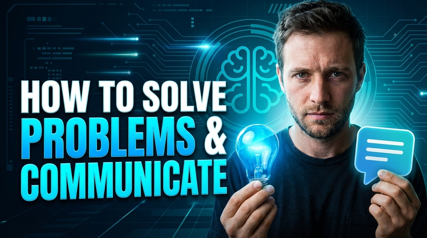 Man holding glowing lightbulb and chat icon beside brain graphic