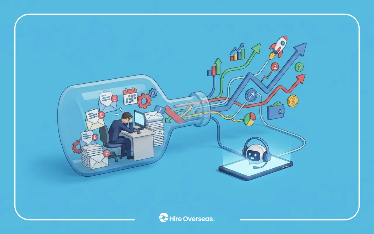 llustration of a stressed office worker trapped inside a bottle filled with paperwork and emails, while AI-powered automation flows out into growing business charts and productivity icons, with the Hire Overseas logo centered at the bottom.