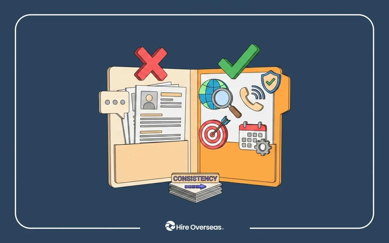 Illustration comparing inconsistent vs. consistent outreach, with a red X, green checkmark, communication icons, and the Hire Overseas logo.