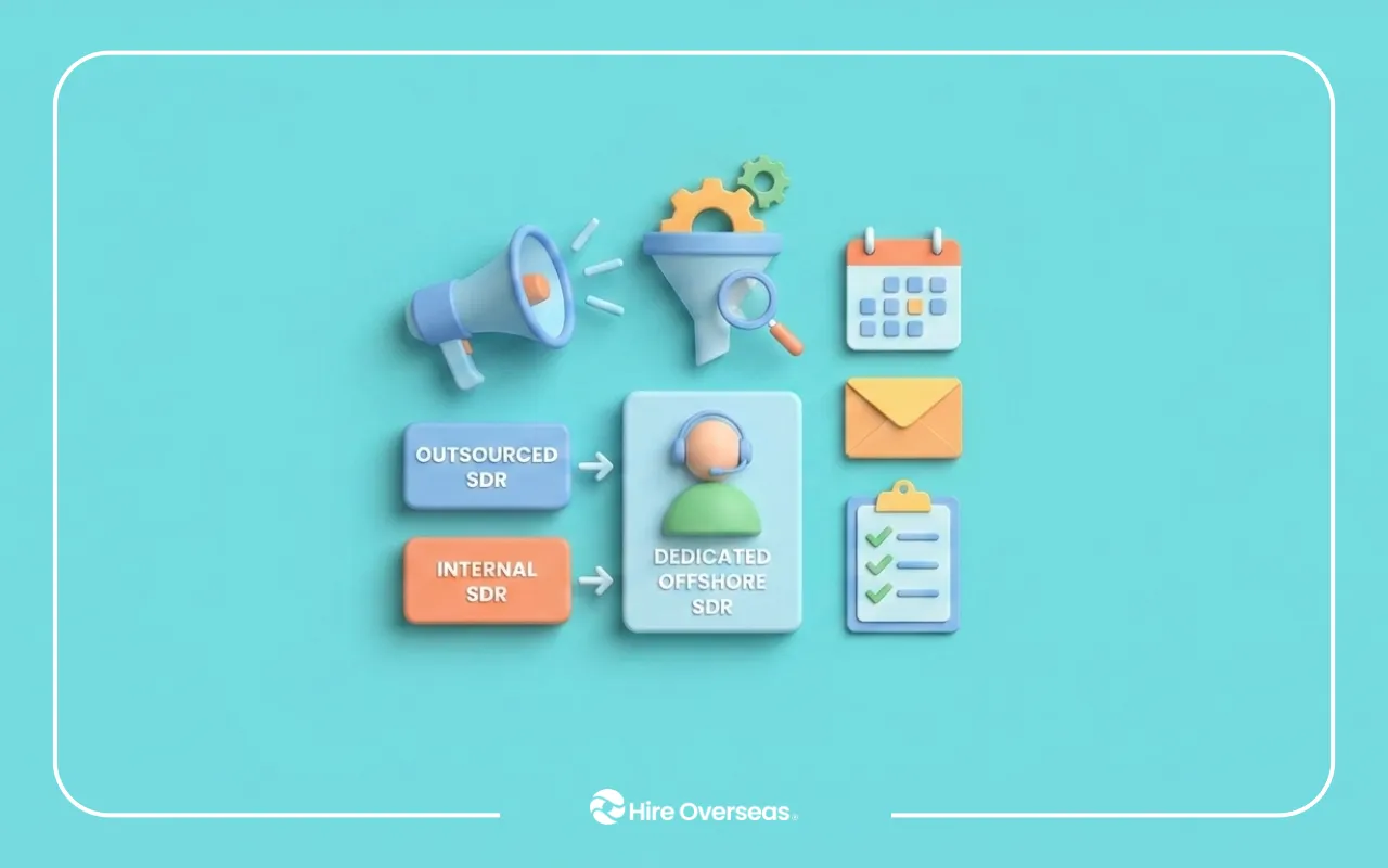 Illustration showing outsourced and internal SDR options leading to a dedicated offshore SDR, with sales and scheduling icons and the Hire Overseas logo.
