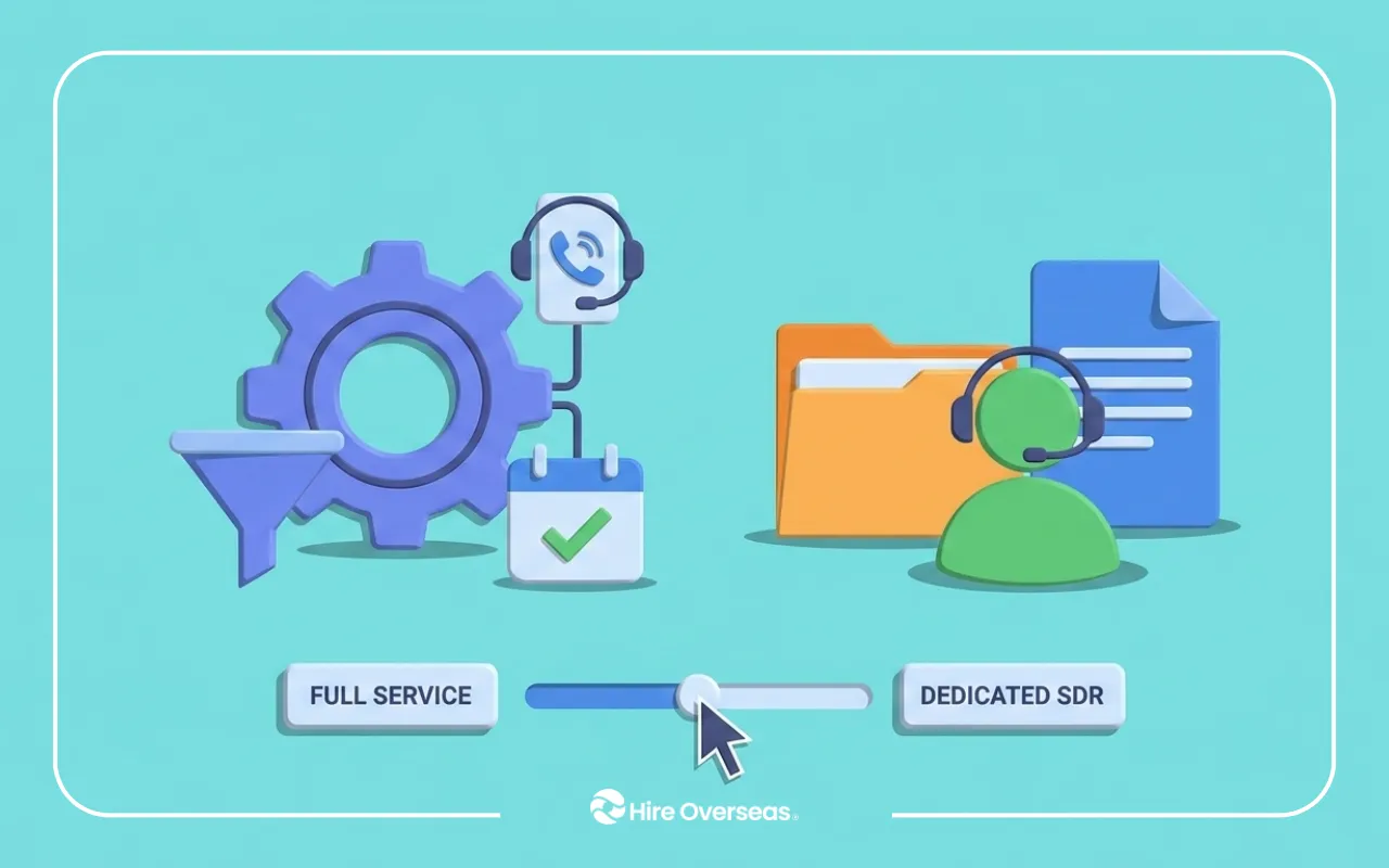 Illustration comparing Full Service and Dedicated SDR options, with service icons, a selection slider, and the Hire Overseas logo.