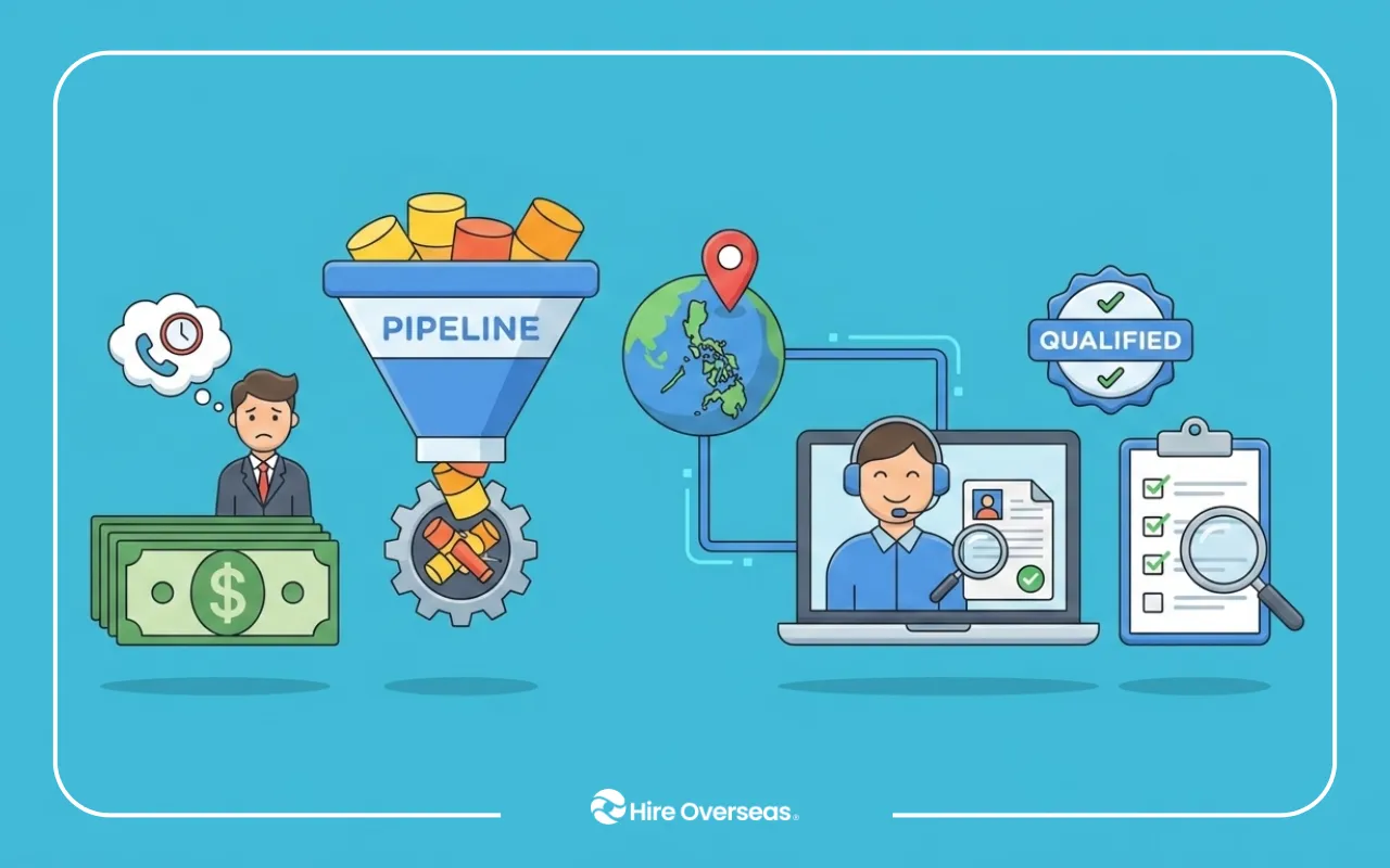 Sales lead qualification illustration with a pipeline, remote worker, qualified checklist, and Hire Overseas logo.