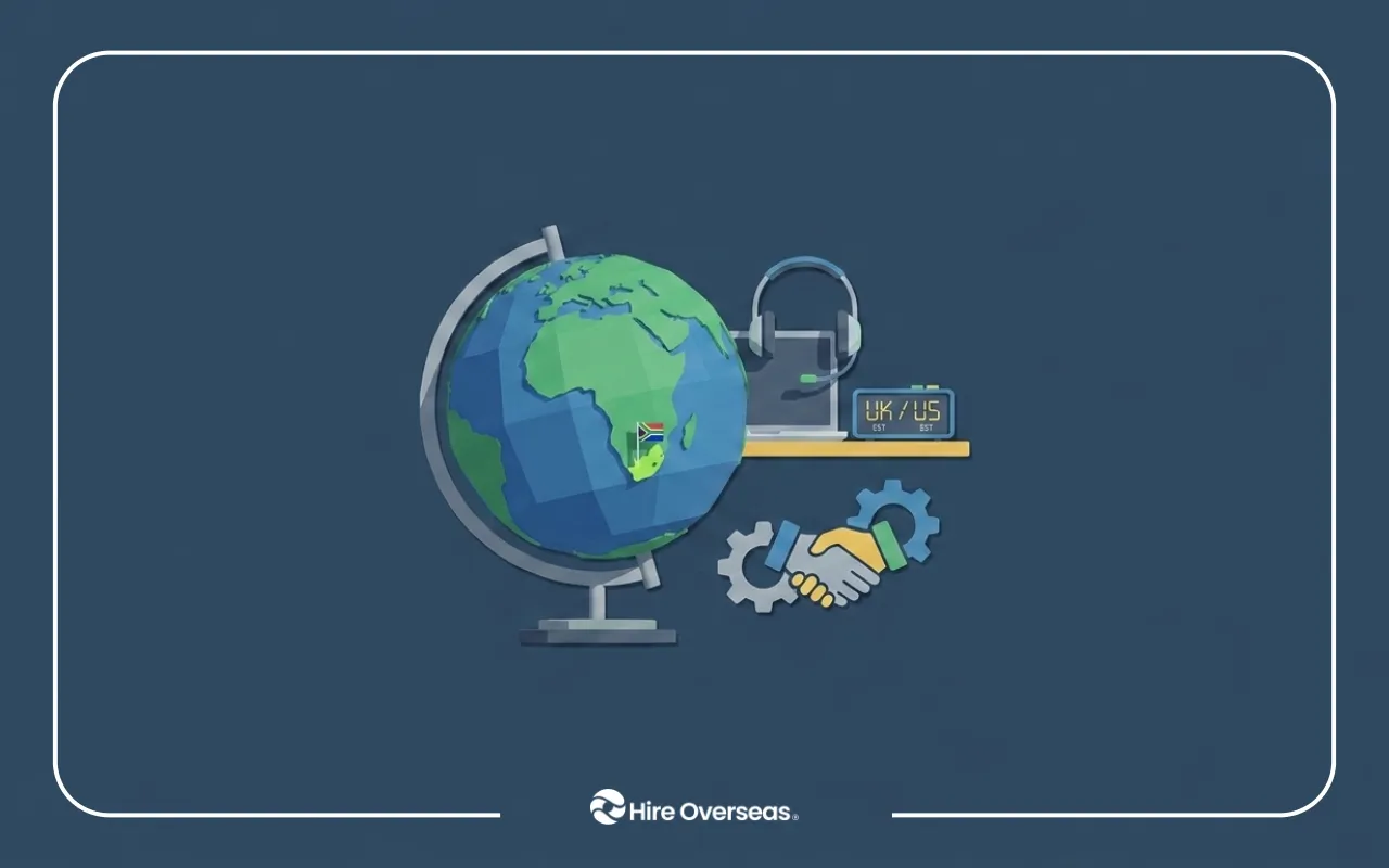 Illustration featuring a globe highlighting South Africa, remote work equipment, a time-zone clock, and a handshake symbol representing global hiring and offshore staffing, with the Hire Overseas logo at the bottom.