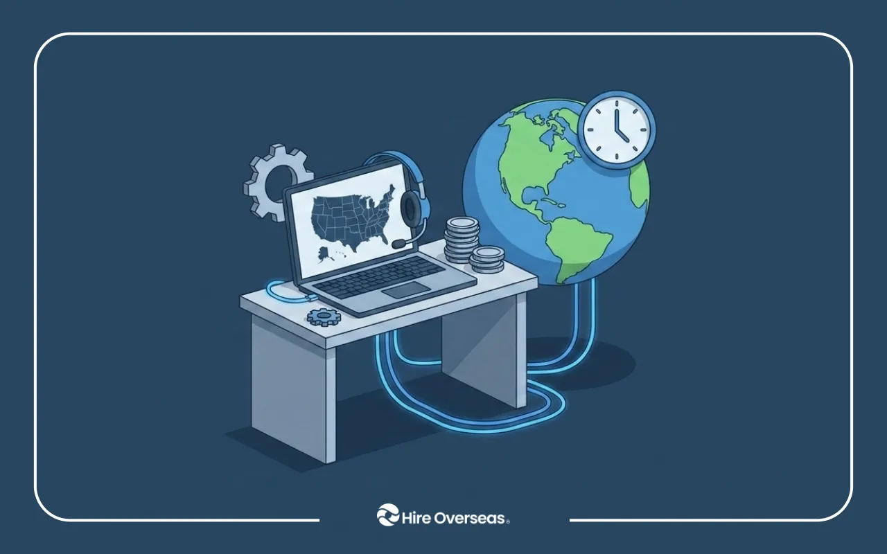 Remote overseas hiring illustration featuring a laptop, candidate profiles from Latin America, a world globe, time-zone clock, cost-saving icons, connected workflow tools, and the Hire Overseas logo at the bottom.