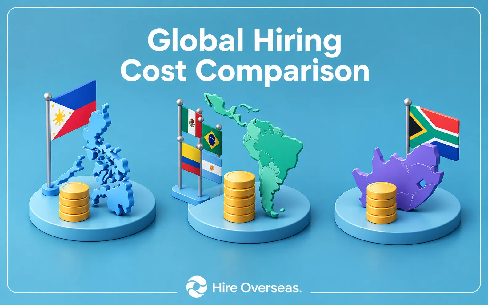 Illustration titled “Global Hiring Cost Comparison” showing the Philippines, Latin America, and South Africa represented by colorful 3D maps, national flags, and stacks of gold coins, with the Hire Overseas logo at the bottom.
