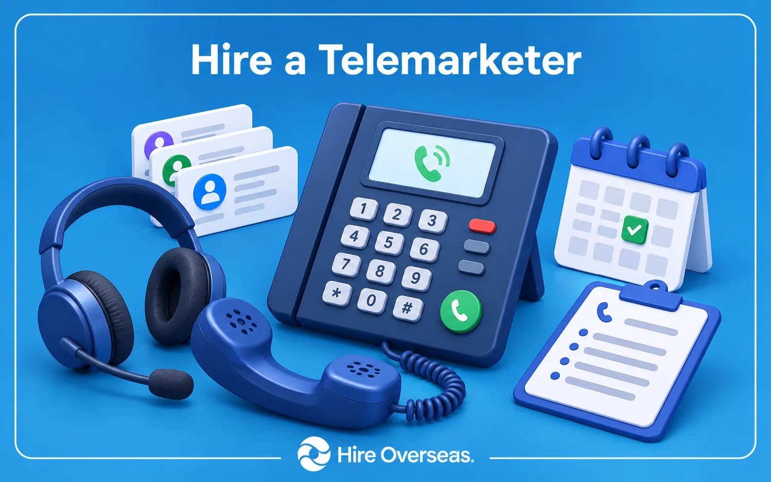3D Hire Overseas illustration titled “Hire a Telemarketer,” featuring an outbound dialer phone, call-center headset, prospect contact cards, appointment calendar, and telemarketing call script, with the Hire Overseas logo at the bottom.