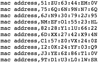 Examples of fake MAC addresses observed by a mobile app. These invalid MAC address contain non-hexadecimal characters.